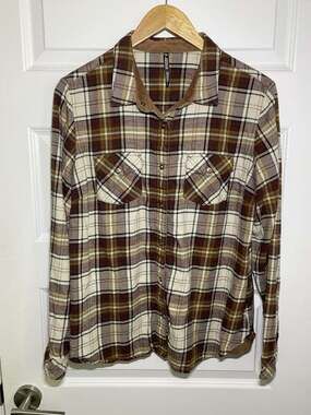 Kuhl Tess Flannel Womens L Brown Plaid Corduroy Long Sleeve Snap Outdoor Camping